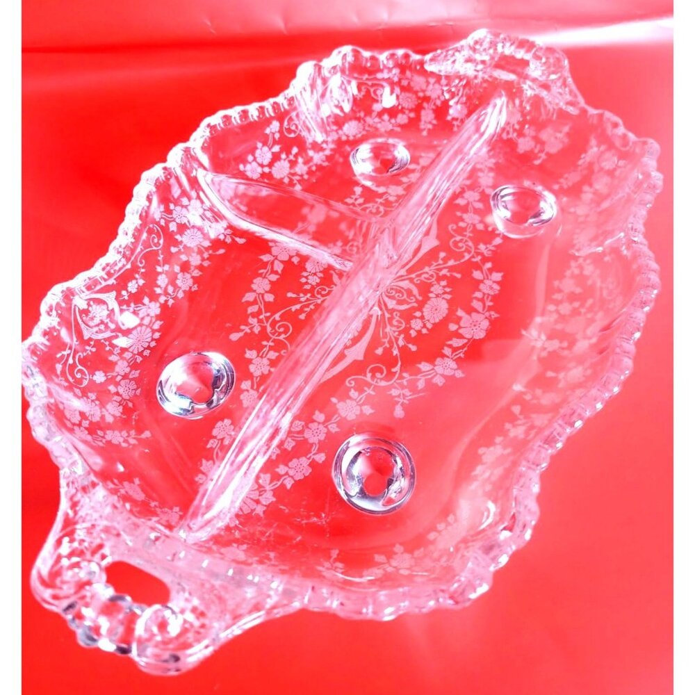 Elegant Glass Three Section Footed Relish Dish Cambridge Rose Point 12” Tray